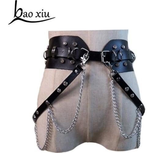 2019 Women Gothic Punk leather Belt for Women Rock Hip-hop Two Buckle metal Ring Chain Rhinestone inlay Waist Belts cool Style