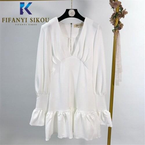 2020 Autumn Women White Chiffon Dress Sexy V-Neck Ruffles Fashion High waist Mini Dress Long Sleeve Elegant Lady Party Dress