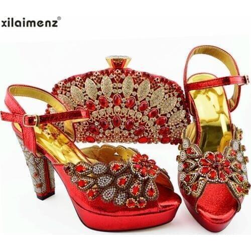 2019 Elegant Red African women Shoes and Bags To Match Set High Quality Wedding Party Shoes and Bag Sets for Wedding Sandals