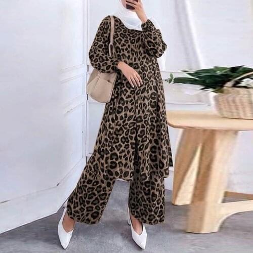 2021 Party Suits Leopard Printed Casual Loose Muslim Sets ZANZEA Women Full Sleeve Blouse Long Pants Islamic Clothing Plus Size