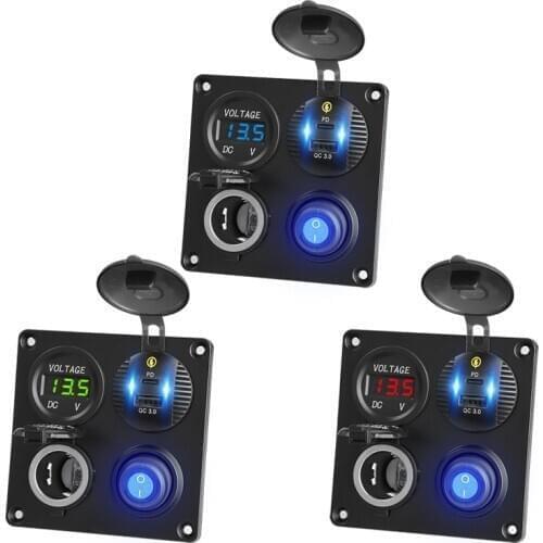 4 in 1 Panel Type-c PD USB C QC3.0 USB Socket Voltmeter & Cigarette Lighter Socket Waterproof Switch for Truck Car Marine Boats