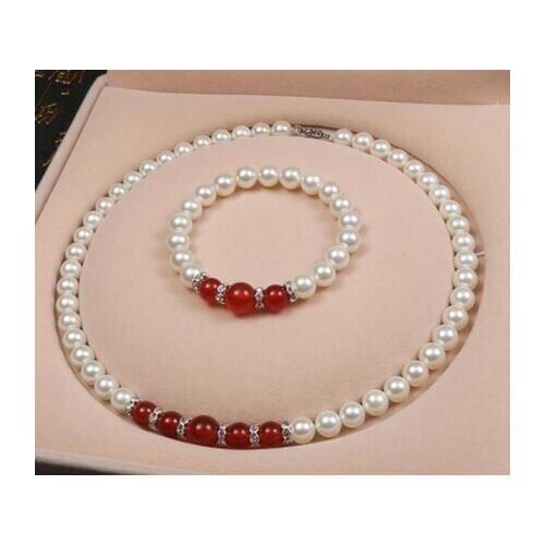 8.5-9.5mm-10MM White Freshwater Pearl / Red Jade Gems Round Beads Necklace Bracelet AAA