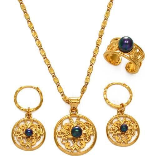 Anniyo Hawaiian Black Pearl Jewelry sets Hibiscus Necklace Earrings Rings Guam Micronesia Chuuk Pohnpei Polynesian #238306B