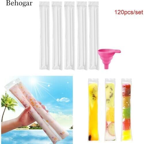 Behogar 120pcs Disposable Zip-Top Ice Pop Ice Lolly Molds Making Bags w/Foldable Funnel for DIY Juice Fruit Ice Candy Popsicle