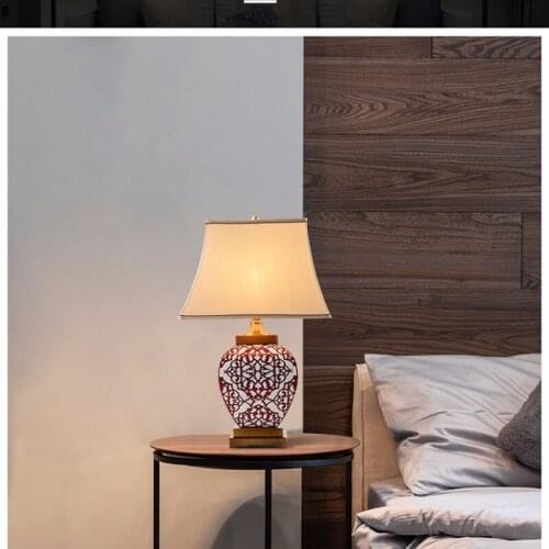 Free Shipping Chinese Red Ceramic Table Lamp Beside Lamp For Villa Living Room Modern Decoration Bedside Lamp For Weeding Room