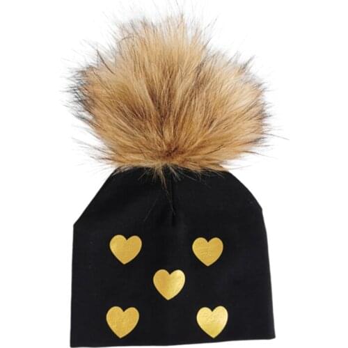 Brand Newborn Kids Baby Boys Girls Warm Winter golden sweet heart Cotton Beanie faux Fur Pom Pom Bobble Hat Cap Winter Warm Hat