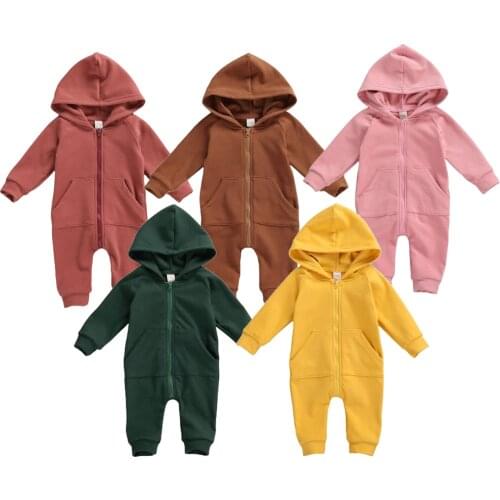 Infant Baby Long Sleeve Thick Jumpsuit Autumn Fashion Solid Color Zipper Hooded One Piece Long Pants with Pocket