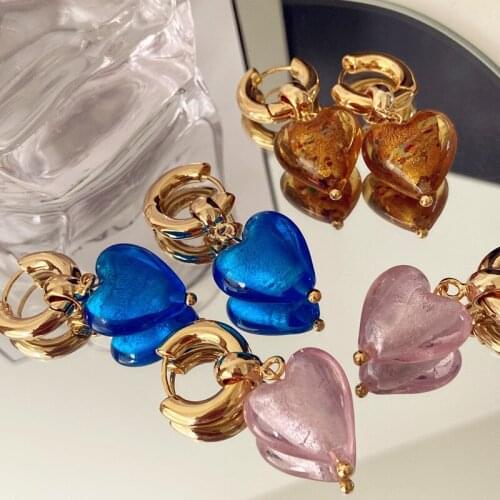 Retro Designer Earrings For Women Colored Glaze Heart Gold Aros Korean Fashion Charm Lady Gift Stud Earring Pendant Jewelry 2021