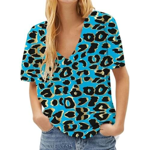 3d Casual Female V Neck Tops Tee Leopard Printed Womens T-shirt Sexy Short Sleeve Girlfriend Streetwear Hip Hop Summer Tshirt