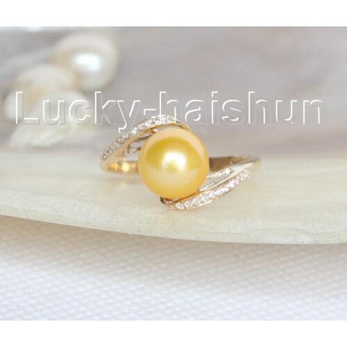 JQHS AAA 9mm round yellow golden south sea pearls Rings 14KT solid gold 8# j10674