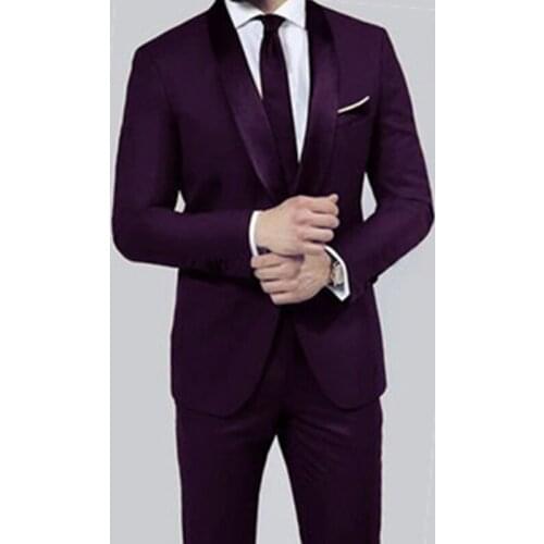 Custom Fashion Luxury Purple Shawl Lapel Men Suits Slim Fit Groom Tuxedo For Wedding Dinner Party Male Clothing (Jacket+Pants)