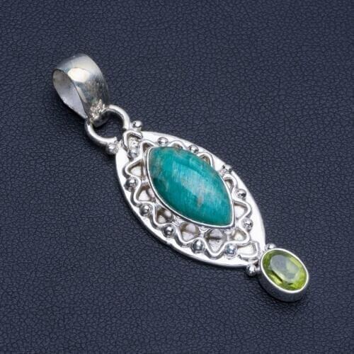 Natural Amazonite and Peridot Punk Style 925 Sterling Silver Pendant 2" R0269