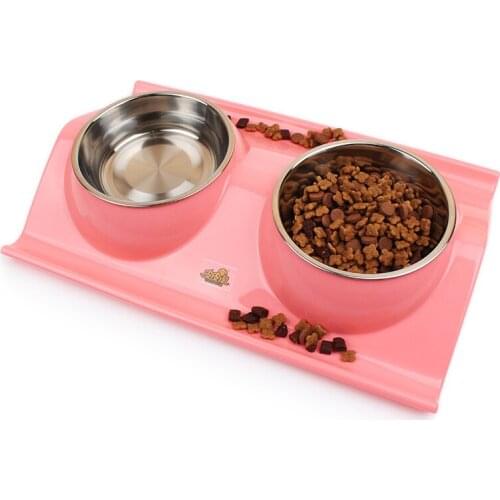 No-Skid Cat Feeding Dish Spill Dog Bowl Cat Kitty Double Food Non Toxic Pet Food Container Pink Raised Bowl Stainless Leak-proof