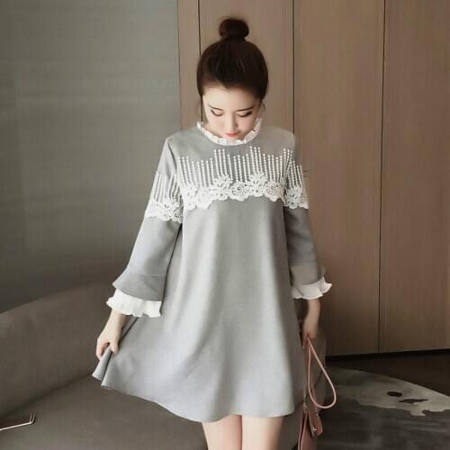 New fashion Spring autumn maternity clothes tops Lace stitching maternity dress pregnant women A-line dresses gray pink