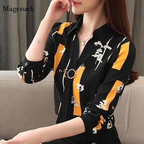 New All-match Fashion Korean Office Lady 2020 Early Autumn Printed Bottoming Shirt Womens Long Sleeve Chiffon Blosue 10672