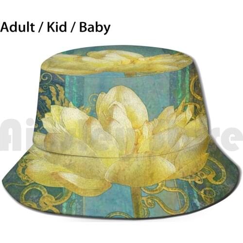 Ohm Is Where The Heart Is Sun Hat Foldable UV Protection Lotus Golden Buddhist Zen Meditation Inspiring Blue Photoshop