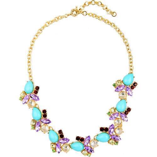 Bulk Price Autumn Day Shiny Gold Color Bright Blue Resin Stone Necklace Colored Glass Flower Petal Necklace