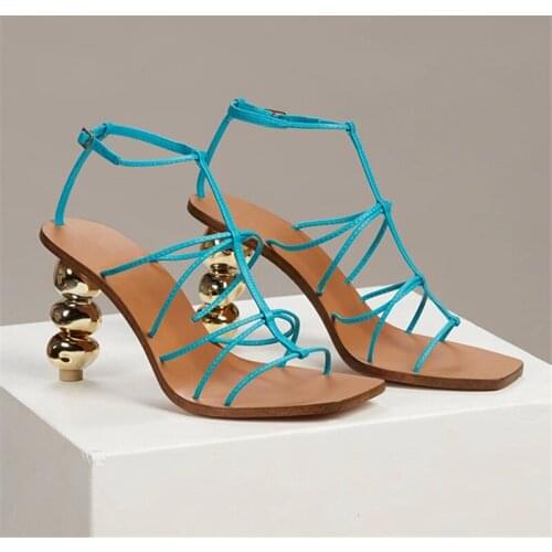 Strange Heel Women Pumps Square Toe Straps Sandals Summer Ladies Gladiator Sandal 8CM High Heel Shoes Woman Valentine Shoes