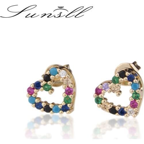 SUNSLL New gold copper stud earring mixed color cubic zircon heart earrings for women/girls fashion simple temperament jewelry