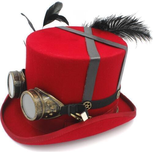13.5CM Top Wool Women Men Handmade Steampunk Top Hat 4Color Steam Punk Glasses Gear Feather Fedora Cosplay Hat 4 Size