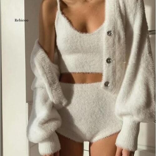The United States Hot Style Blogger Sweater Female Autumn Female Mink Wool Knitting Condole Shorts Three-Piece Suit