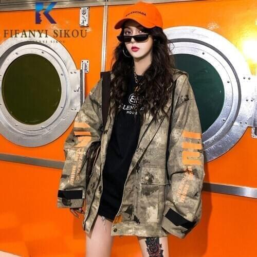 Streetwear Women Fashion Camouflage Jacket Zipper Hooded Windbreaker Hip hop Jacket Coat Female Loose Plus Size Harajuku Jackets