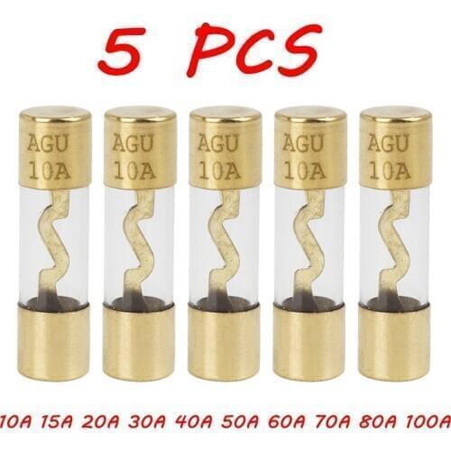 X Autohaux 5 Pcs Acrylic Tube Fuse 10 15 20 30 40 50 60 70 80 100 Amp Gold Tone Plated Clear AGU Fuses for Car Auto