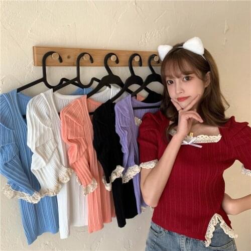 Women T-Shirt Patched Lace Square Collar Tees Short Sleeve Stretchy Slim Split Tshirt