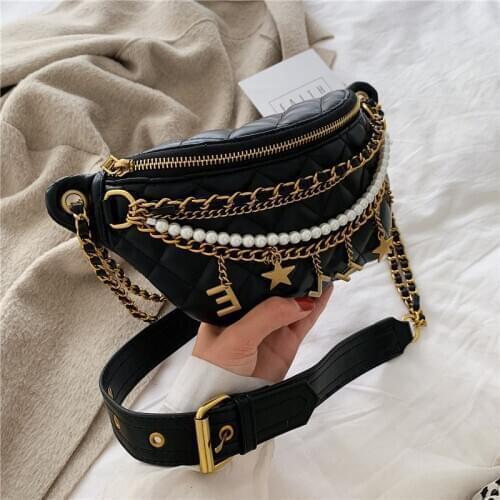 Solid Color Chest Bag Chain Woman Shoulder Bag PU Leather Beaded Messenger Bag Letter Waist Bag Luxury Handbags Women Designer