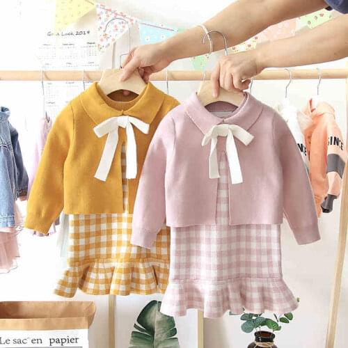 2 3 4 5 6 Years Toddler Girls Clothing Sets Korean Fashion Plaid Sleeveless Knit Dress Sweater 2pcs Kids Clothing Fashion Suits