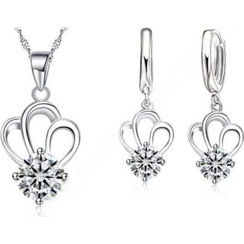 New Fashion Bridal Wedding Party 925 Sterling Silver CZ Crown Pendant Necklace Korea Stylish Earring Jewelry Sets