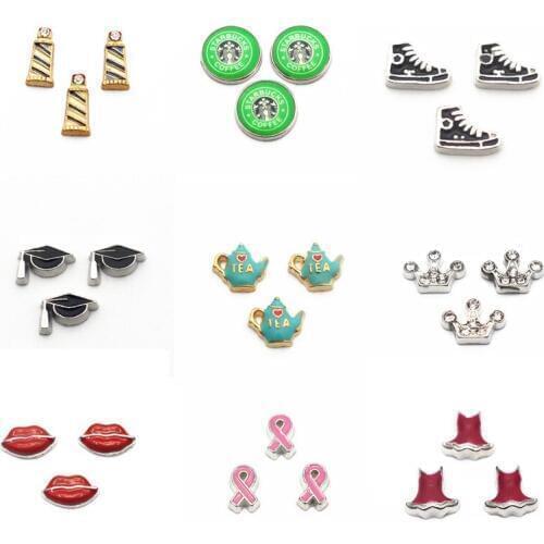 10pcs/lot Metal Enamel Red Green Black Lip Shoe Skirts Floating Charms For Living Glass memory locket Necklace