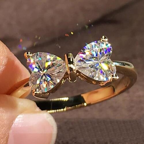 14K Au585 Gold Women Ring Moissanite Diamonds Heart Bowknot Wedding Party Engagement Anniversary Ring Present Trendy Romantic