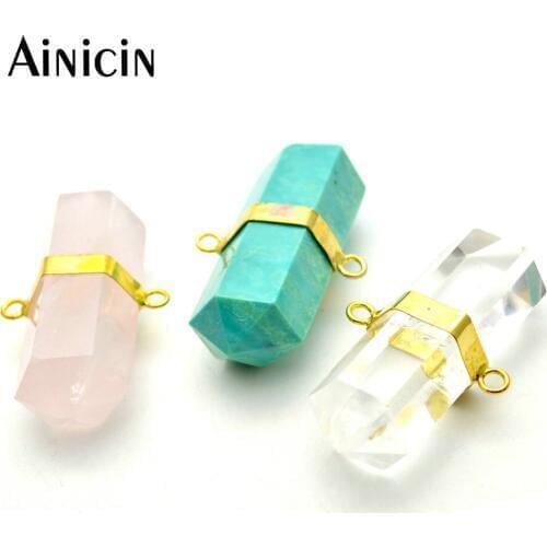 5pcs Natural Semi-precious Stone Crystal Hexagon Prism Shape Double Connectors Pendants For Jewelry Making Findings