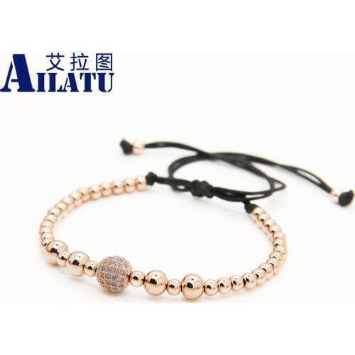 Ailatu 4mm Copper Round Beads with CZ Ball Braiding Macrame Lucky Mens and WoMens Bracelet
