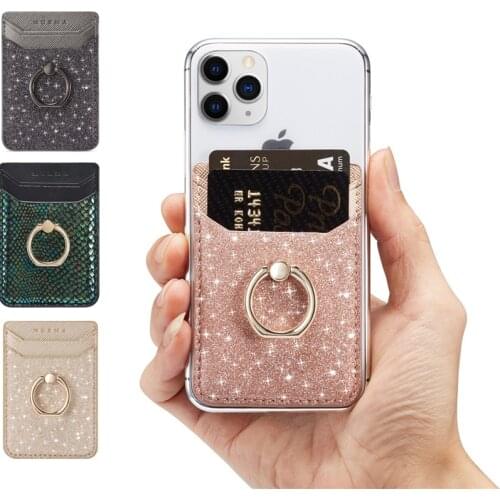 Credit Card Holder Cell Phone Back Sticker Adhesive Pocket with Finger Ring Bracket Stand for Iphone 12 11 Pro Max Samsung S21