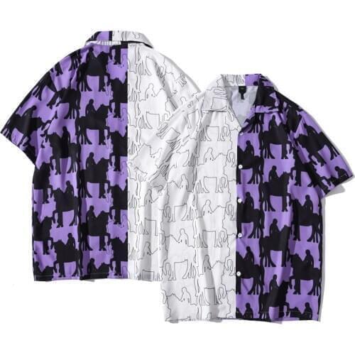 Mens Patchwork Hawaiian Beach Shirts 2021 Summer New Korean Style Vintage Print Oversized Short Sleeve Shirt Tops Robe Chemise