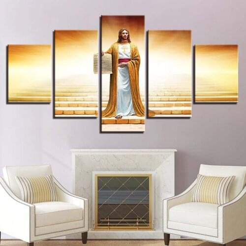 HD Printed Home Decor 5 Pieces Wall Art Jesus Statue Canvas Painting Modular Bedside Background Pictures Creative Gold Poster