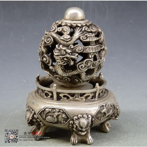 Chinas ancient hand-carved Tibet silver dargon incense burner metal handicraft Family decoration metal crafts