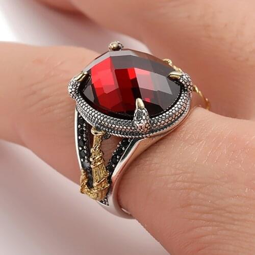 Personality Punk Shiny Red Zircon Vintage Domineering Dragon Claw Hollow Ring for Men Jewelry
