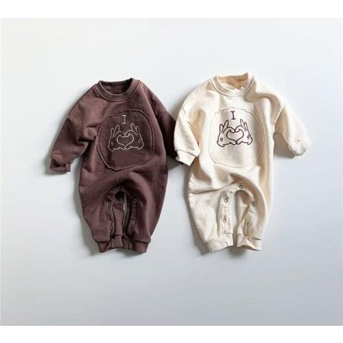 Korean Baby Embroidery Romper New Autumn Long Sleeve Finger Lover Pattern Jumpsuits Baby Boys Romper Baby Girls Clothes New