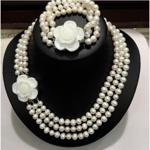 Beautiful 7-8mm Natural White Pearl Necklace Bracelet