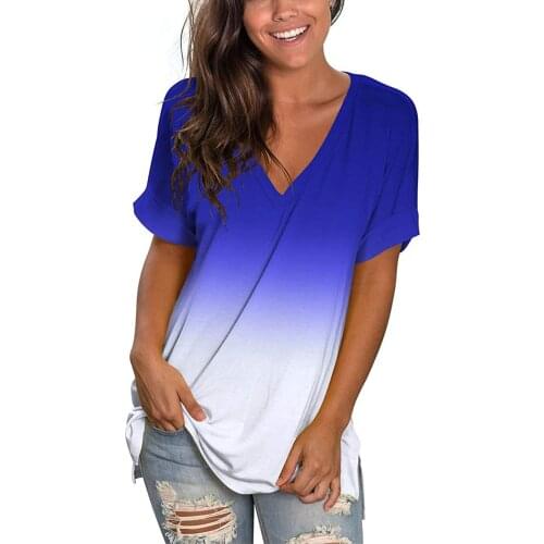 Summer Casual T Shirt Woman Gradient Color Printing Women Tee Shirt Plus Size Deep V-Neck Loose T-Shirt Tops Female Elegant Tees