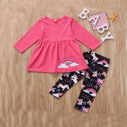 Cute Baby Girls Clothes Solid Color Rainbow Unicorn printed Dresses Hairball Skirting Pants Cotton Kids 2pcs Clothing Set