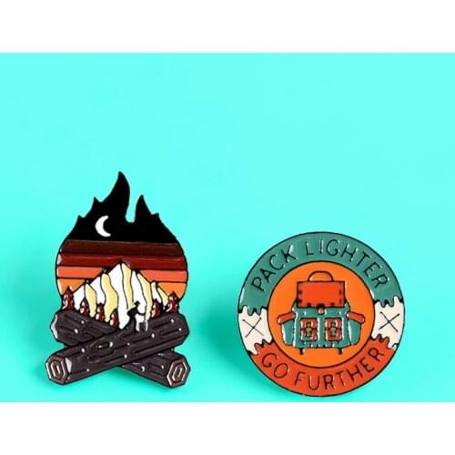 Fashion Outdoors Bonfire PACK LIGHTER,GO FURTHER Enamel Pins Climber Camping Adventure Brooch Lapel pin for Friends Jewelry