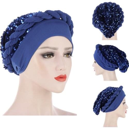 New Sequins Auto Gele Flat brim Forehead with braid hat Muslim Turban Indian Hat Arab Head Wraps Women Toe Cap African Hijabs