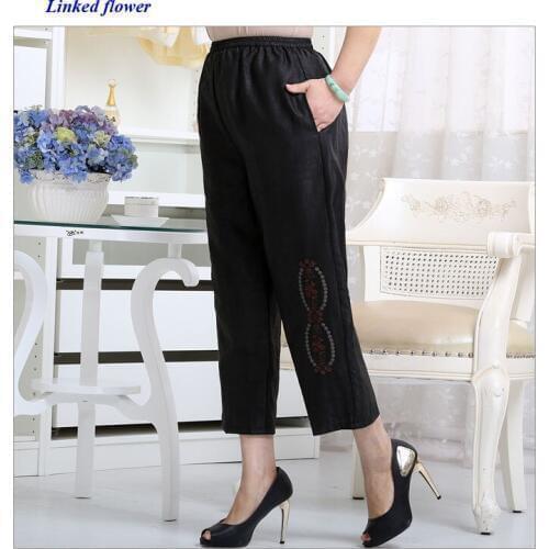 New arrival pure wateredgauze silk lady full elastic waist pants,100% Gambiered Canton embroidery pockets 8 cropped pants women
