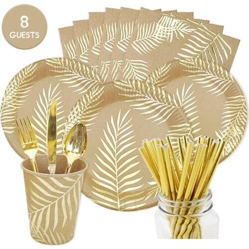 Bronzing Palm Leaf Disposable Tableware Kraft Paper Plate /Cup Happy Birthday Party Decor Adults Wedding Hawaii Garden Party