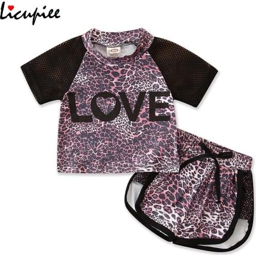 1-5 Years Letter Baby Boy 2pcs Toddler Summeroutfit, Leopard Print Stand Collar Short Sleeves T-shirt + Shorts for Girls