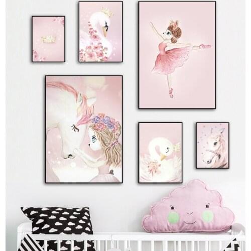 Cartoon Girl Unicorn Swan Poster Horse Flower Canvas Painting Crown Wall Art Nordic Posters Wall Pictures For Kids Room Decor